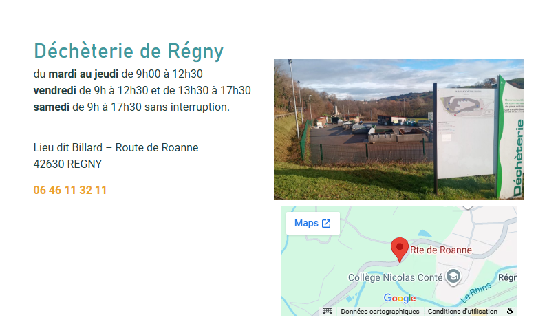La déchèterie de Régny, route de Roanne, et son panneau d'entrée