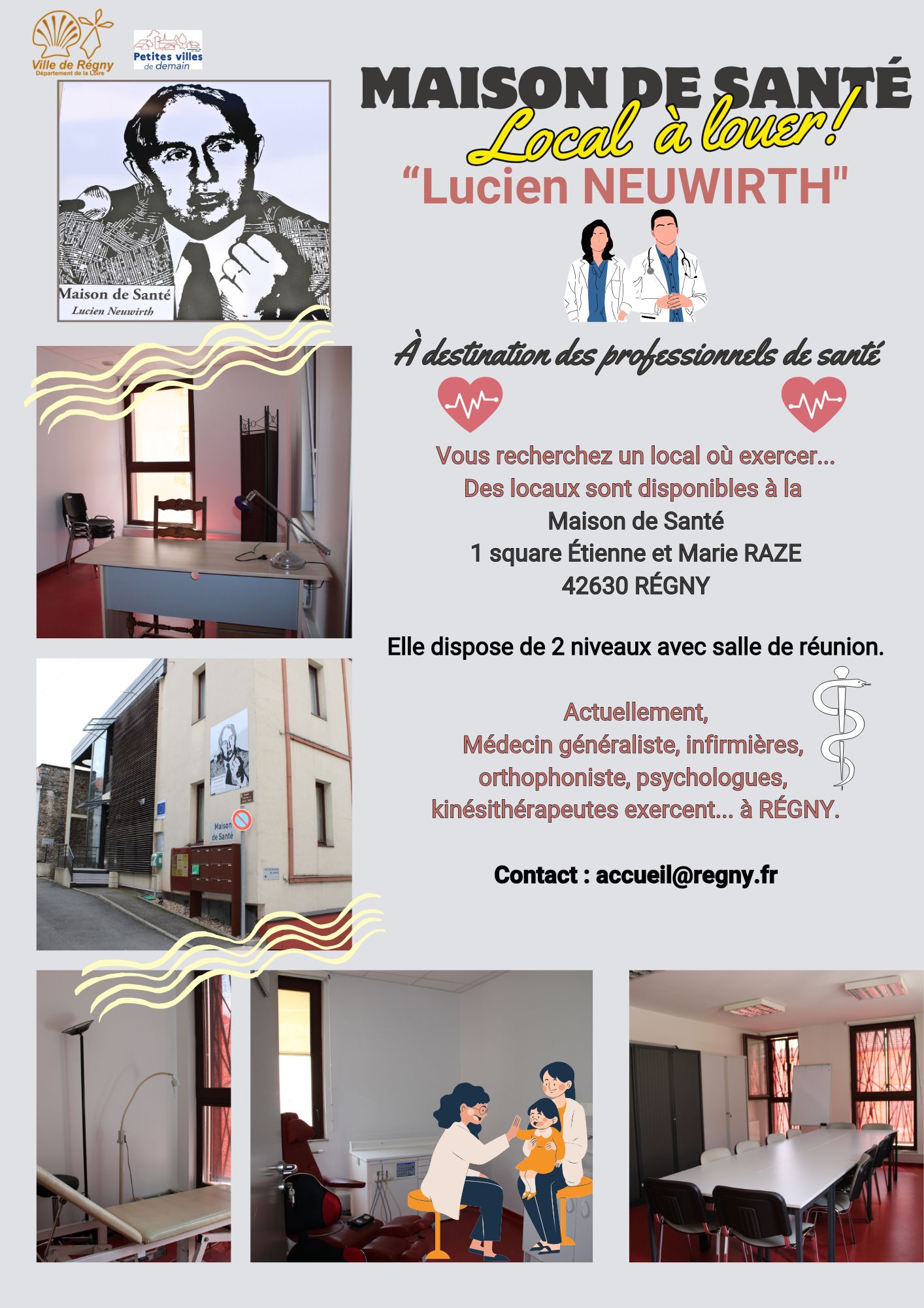 Affiche « Maison de santé Lucien Neuwirth, local à louer » à destination des professionnels de santé, avec des photos des cabinets, de la salle de réunion et de la façade
