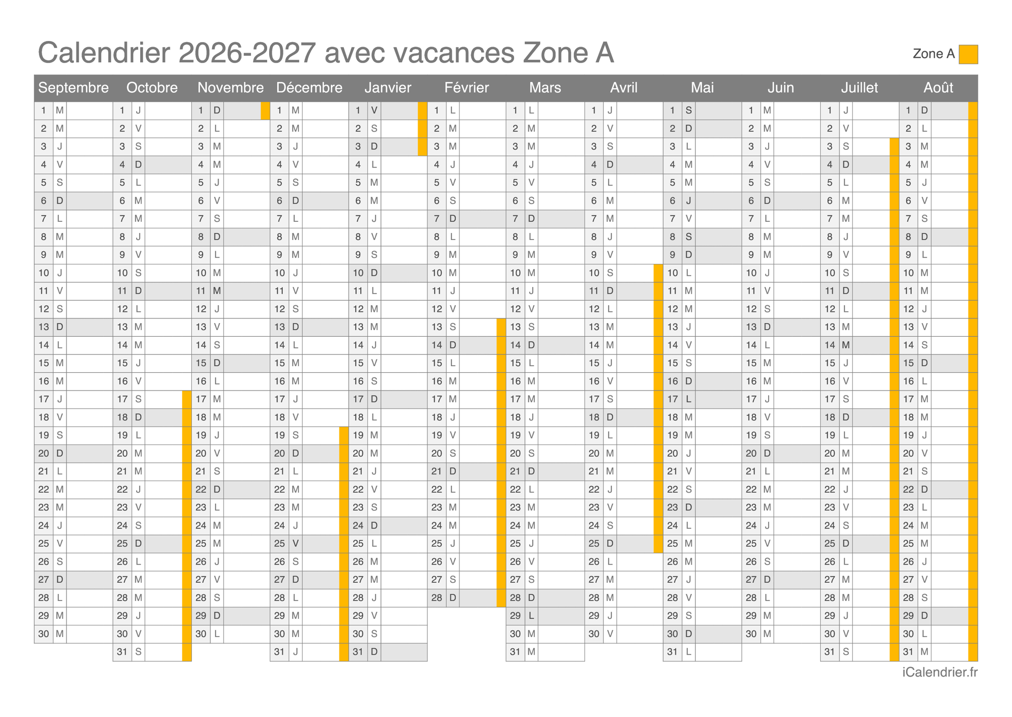 Calendrier scolaire 2026-2027 avec les vacances de la zone A