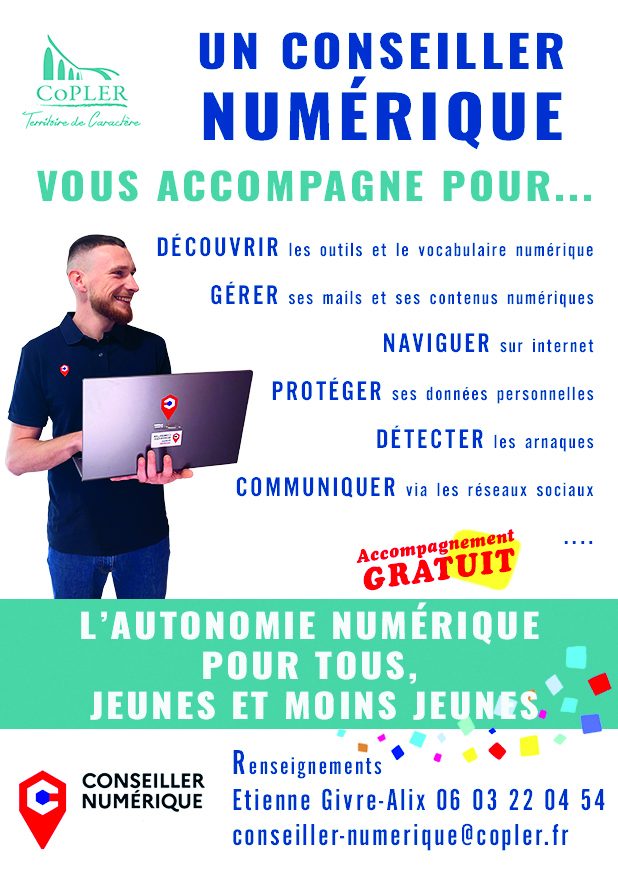 Le conseiller numérique de la CoPLER vous accompagne gratuitement : Étienne Givre-Alix, 06 03 22 04 54