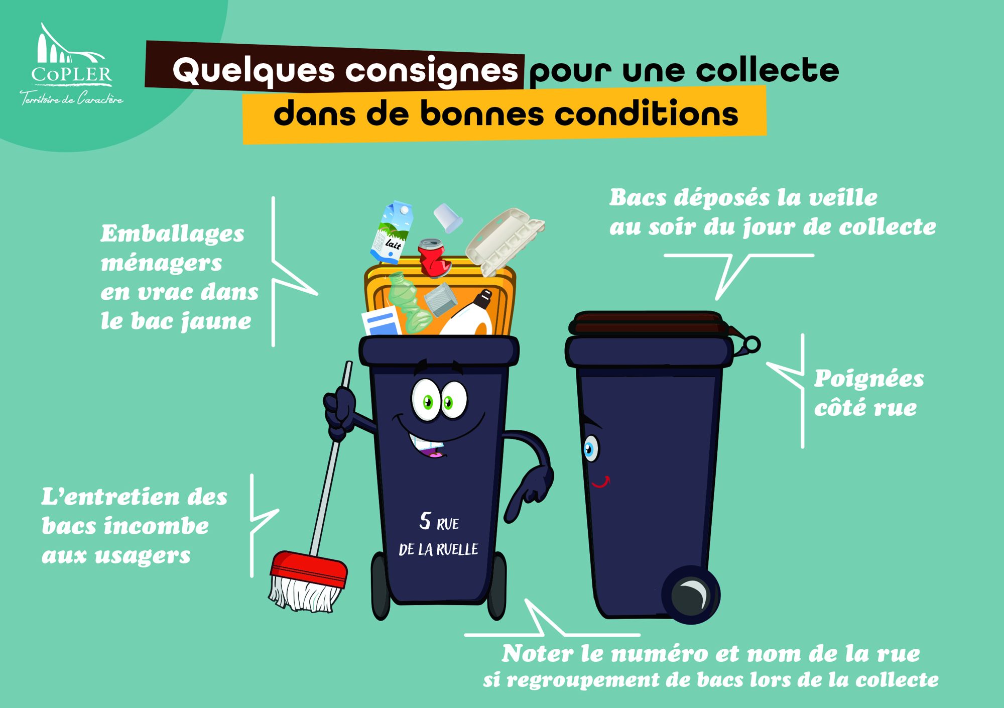 Quelques consignes pour une collecte dans de bonnes conditions : emballages en vrac dans le bac jaune, bacs déposés la veille au soir, poignées côté rue, entretien des bacs par les usagers