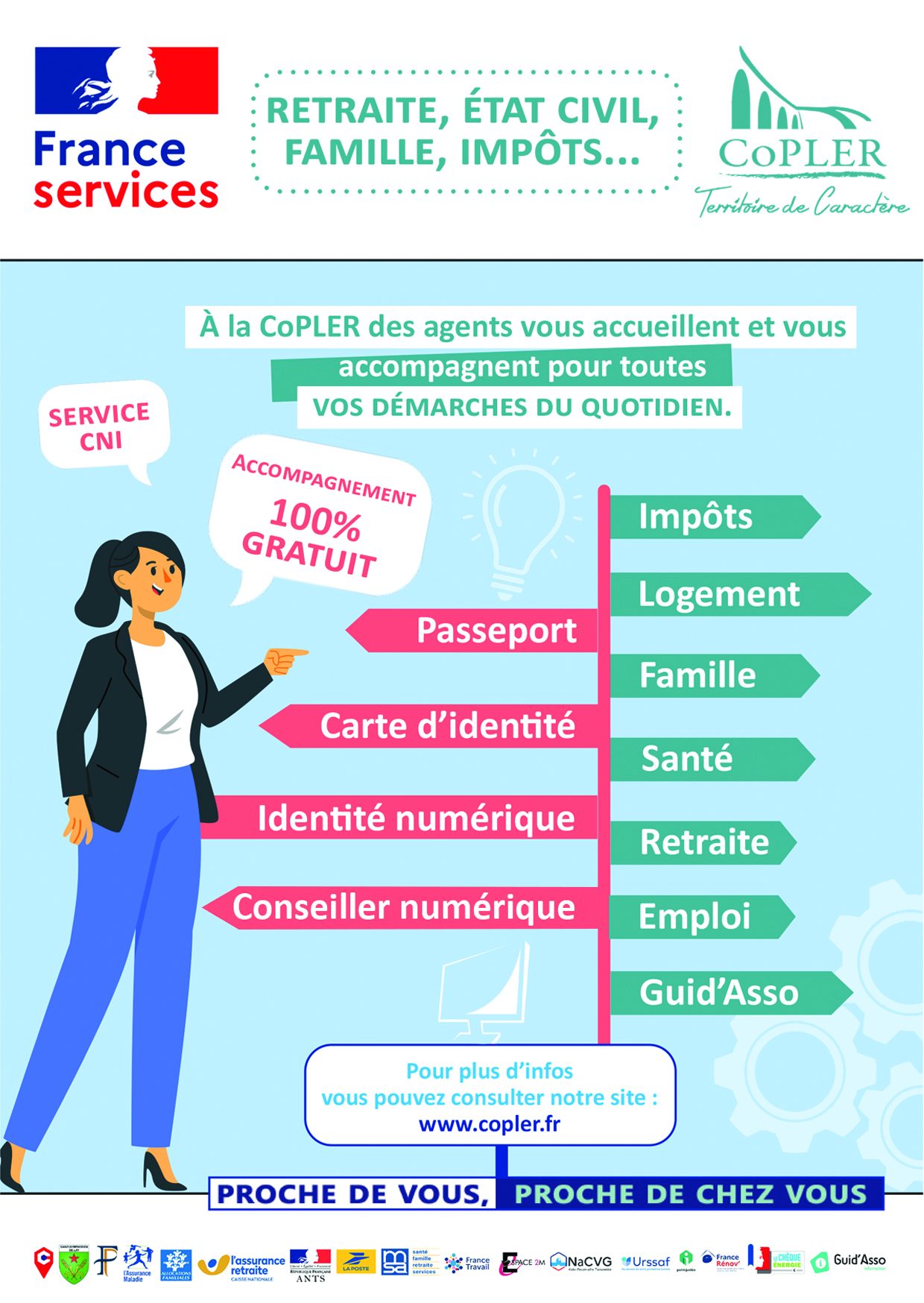 France Services à la CoPLER : des agents vous accueillent et vous accompagnent pour toutes vos démarches du quotidien (retraite, état civil, famille, impôts…), service gratuit