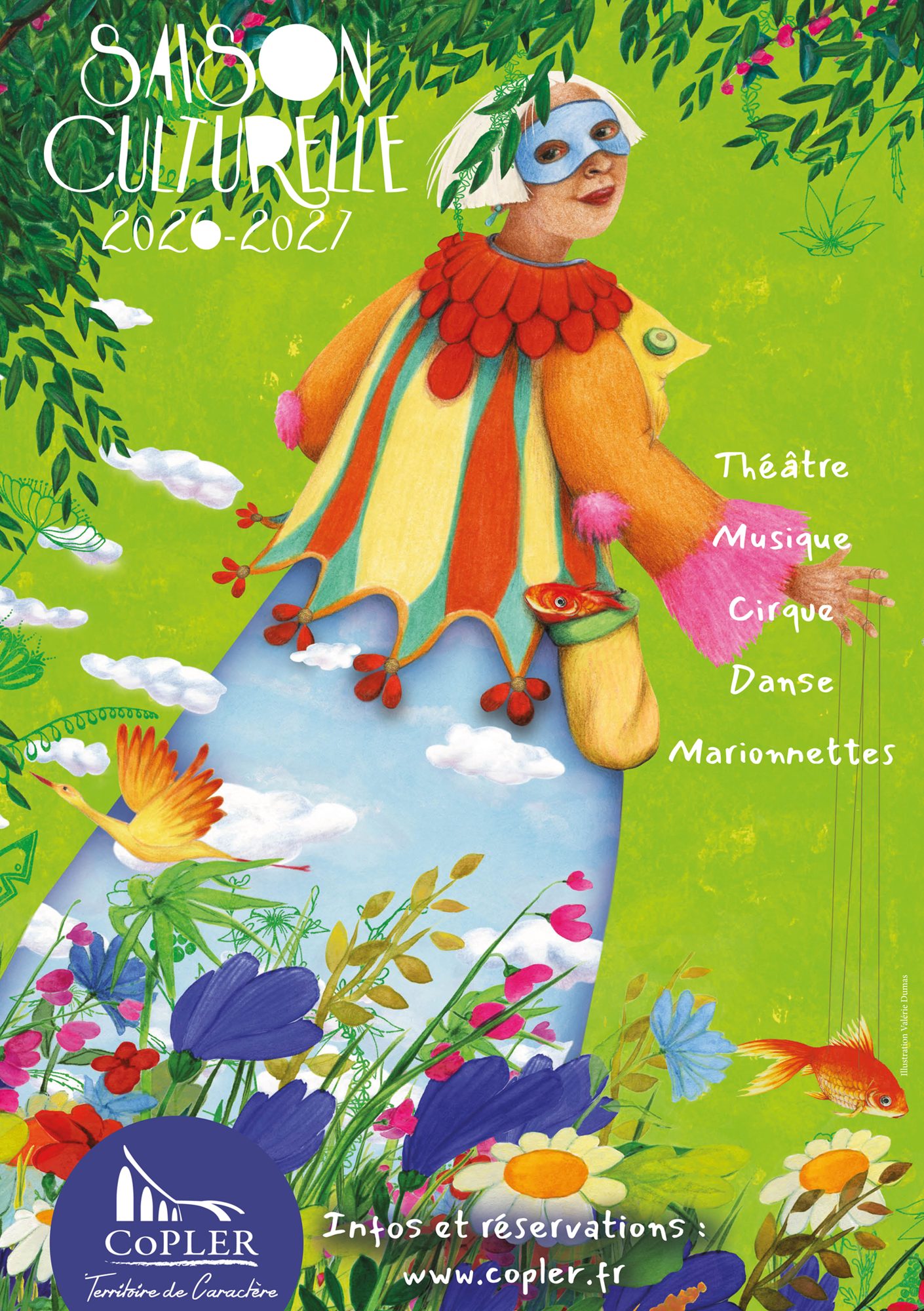 Affiche de la saison culturelle 2026-2027 de la CoPLER : théâtre, musique, cirque, danse, marionnettes