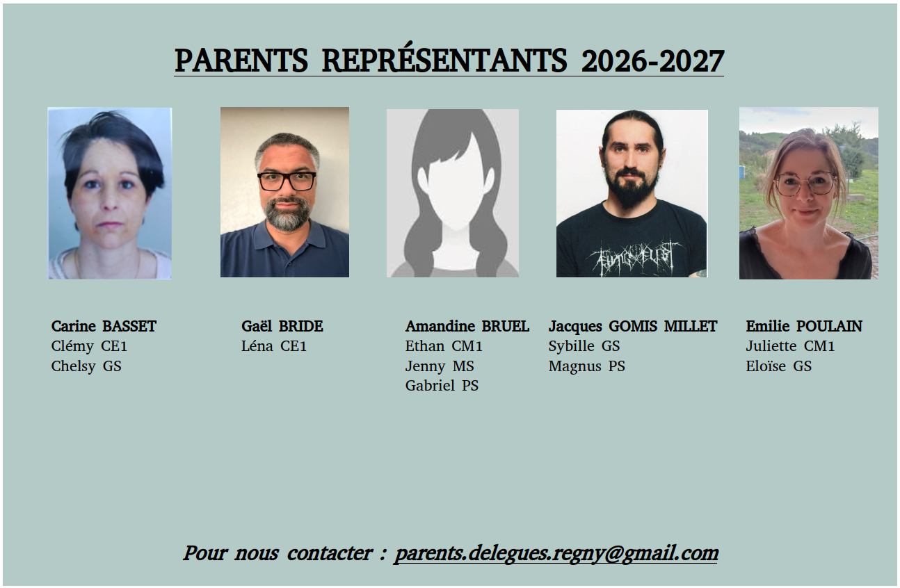 Les parents représentants 2026-2027 : Carine Basset, Gaël Bride, Amandine Bruel, Jacques Gomis Millet et Émilie Poulain