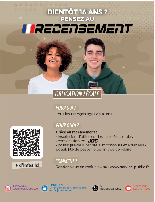 Bientôt 16 ans ? Pensez au recensement. Obligation légale pour tous les Français âgés de 16 ans.